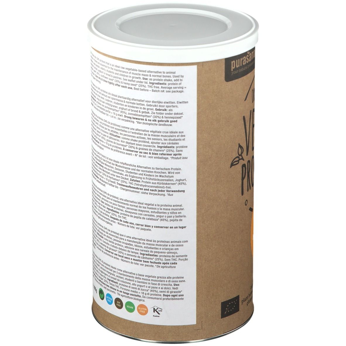 Dos de la boîte Purasana Vegan Protein. Texte multilingue. Emballage marron, couvercle blanc. Avec certifications.