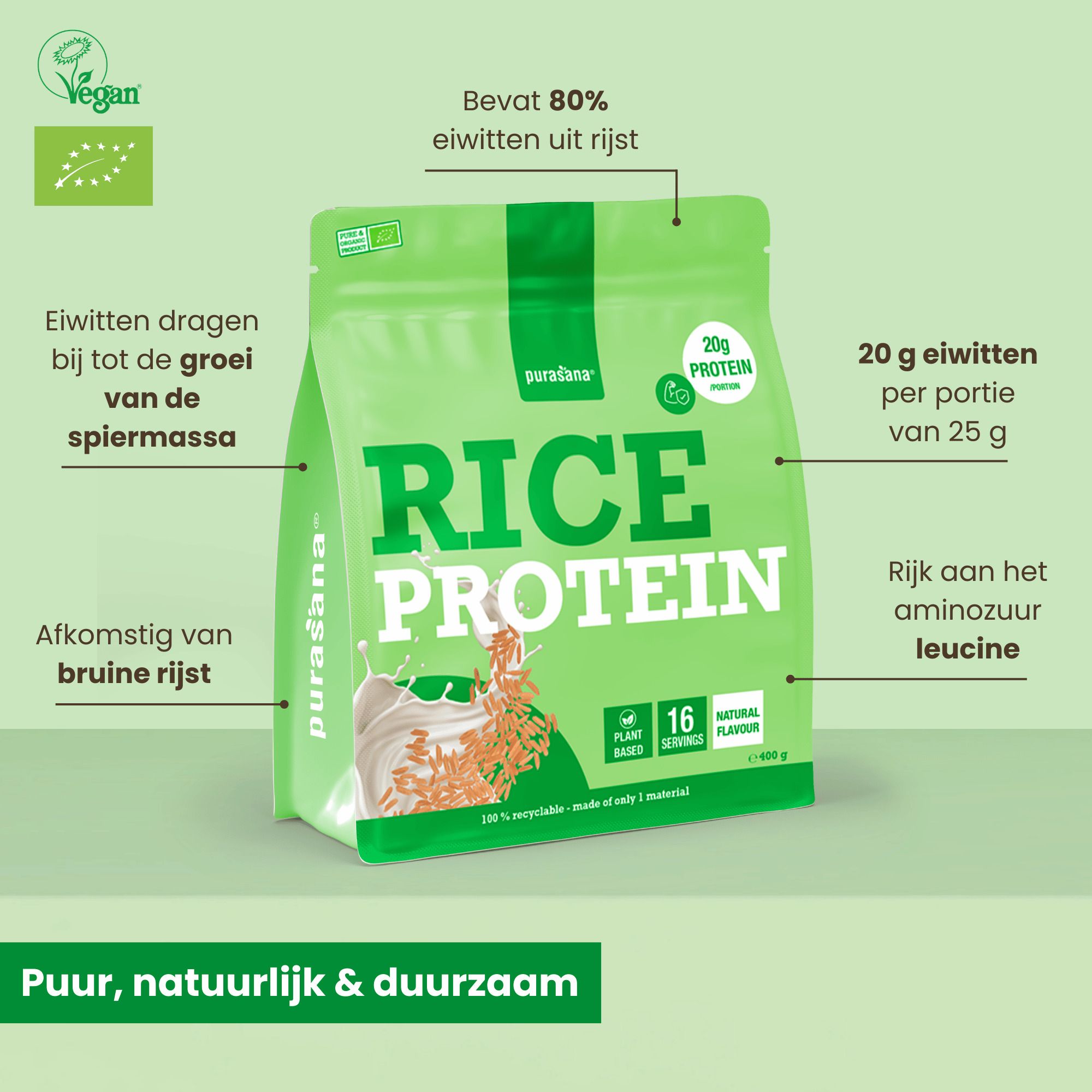Purasana rijstproteïne zakje, 400g. "Puur, natuurlijk en duurzaam".