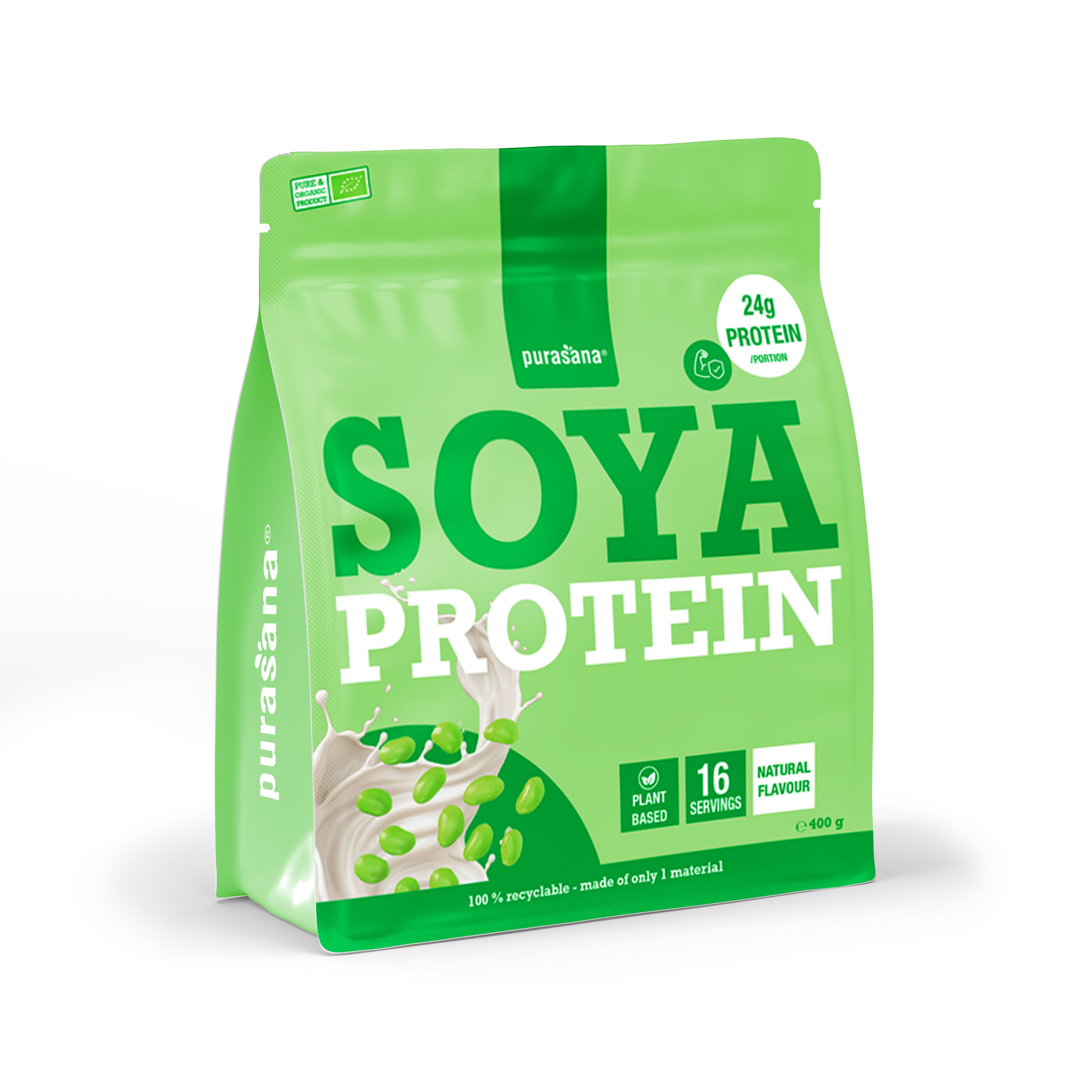 Purasana Soja Proteïne zak, natuurlijke smaak. 24g eiwit per portie, 16 porties.