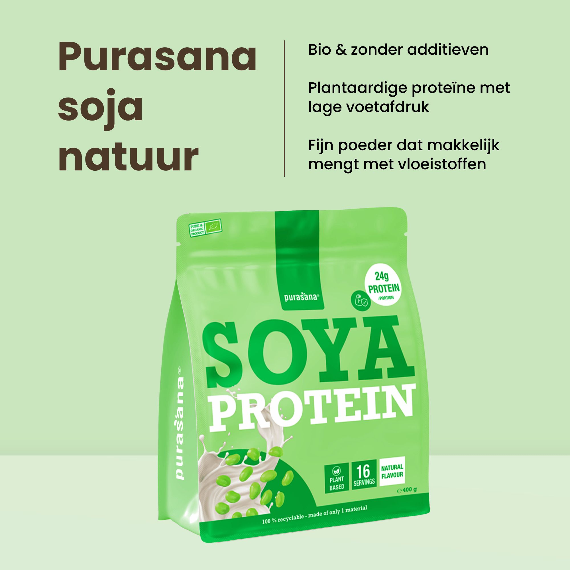 Purasana Soja Proteïne zak, Bio & zonder toevoegingen, plantaardige eiwitten.