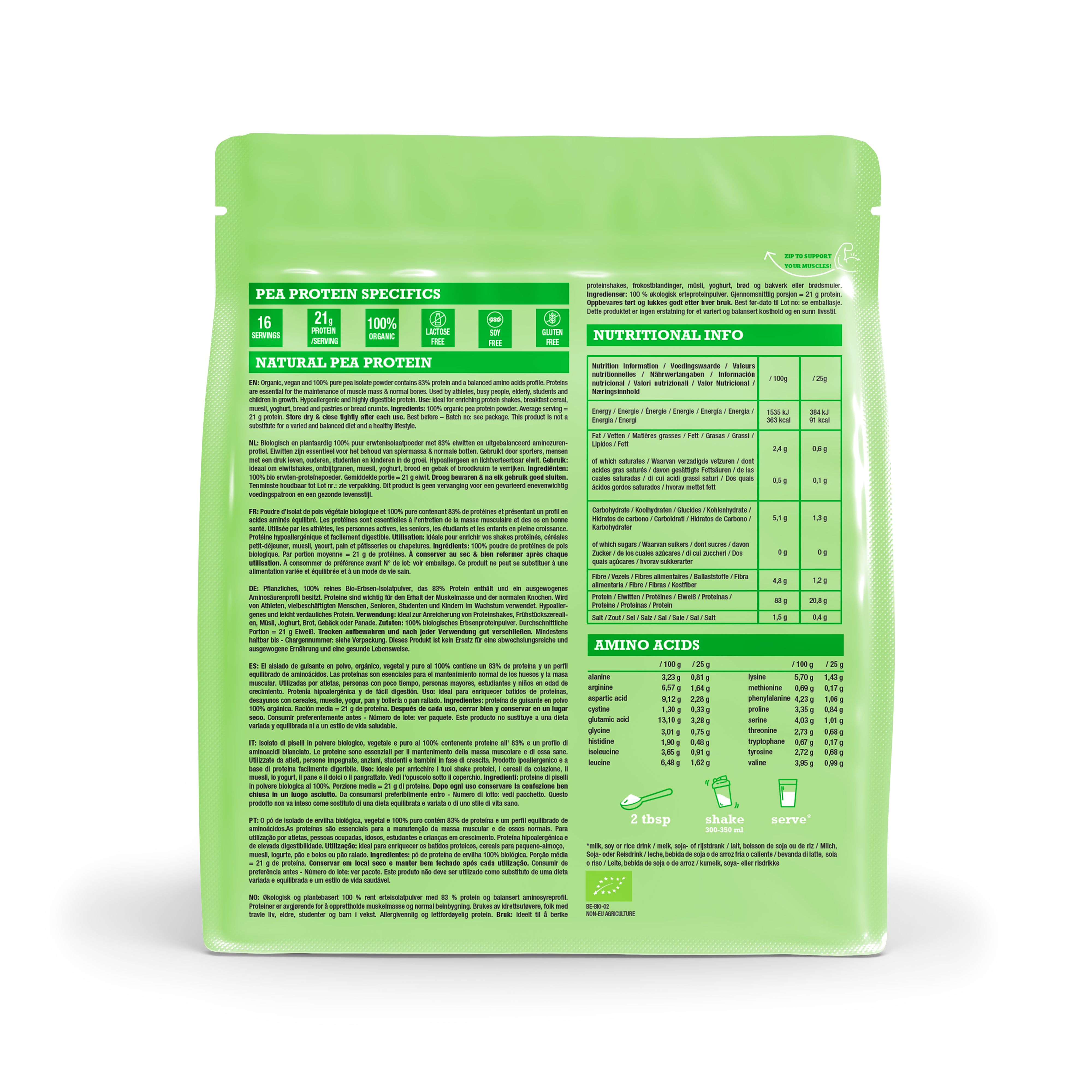Dos de la boîte Purasana Protéine de pois avec informations nutritionnelles et certifications.