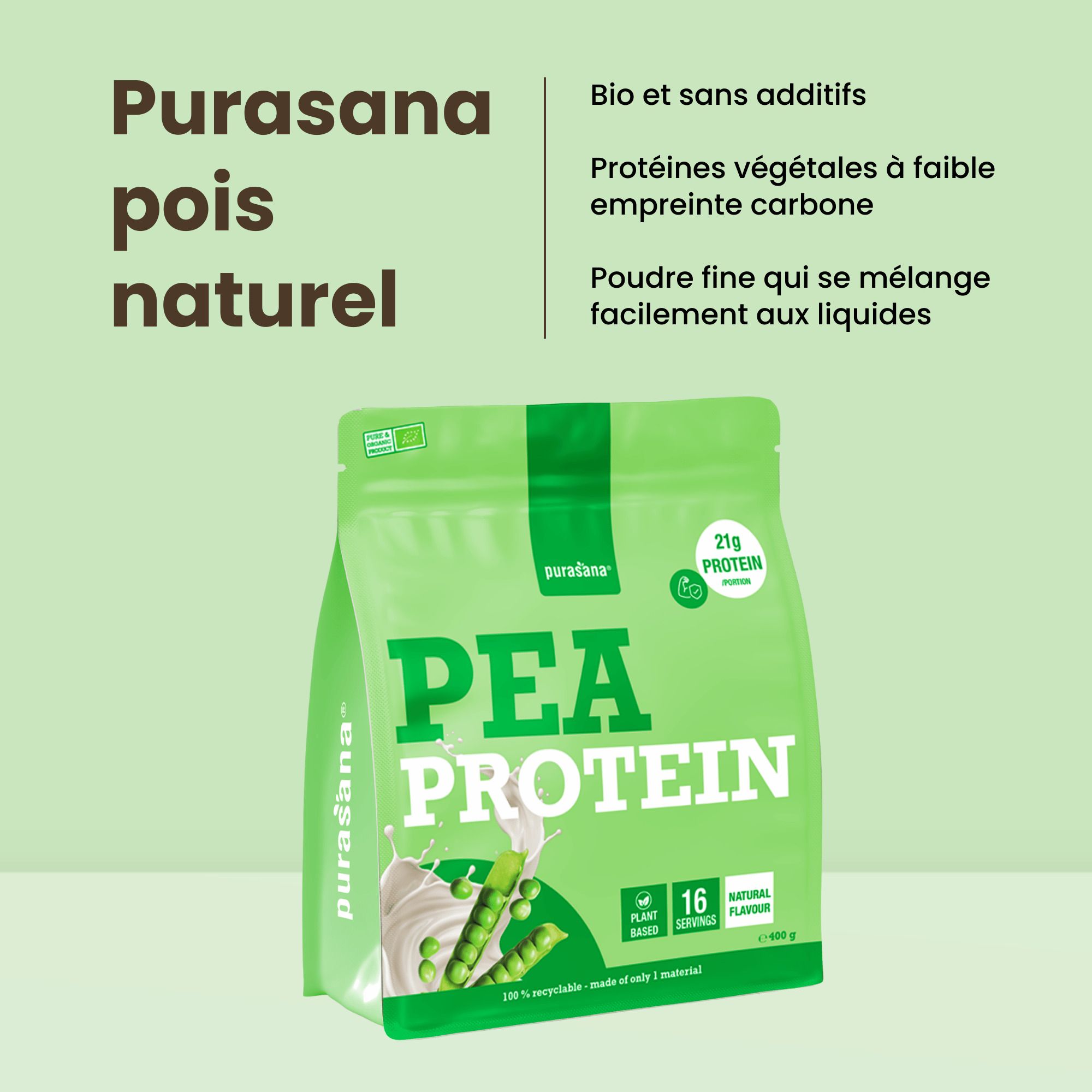 Pochette Purasana Protéine de pois, face avant avec sceaux Bio et Vegan.