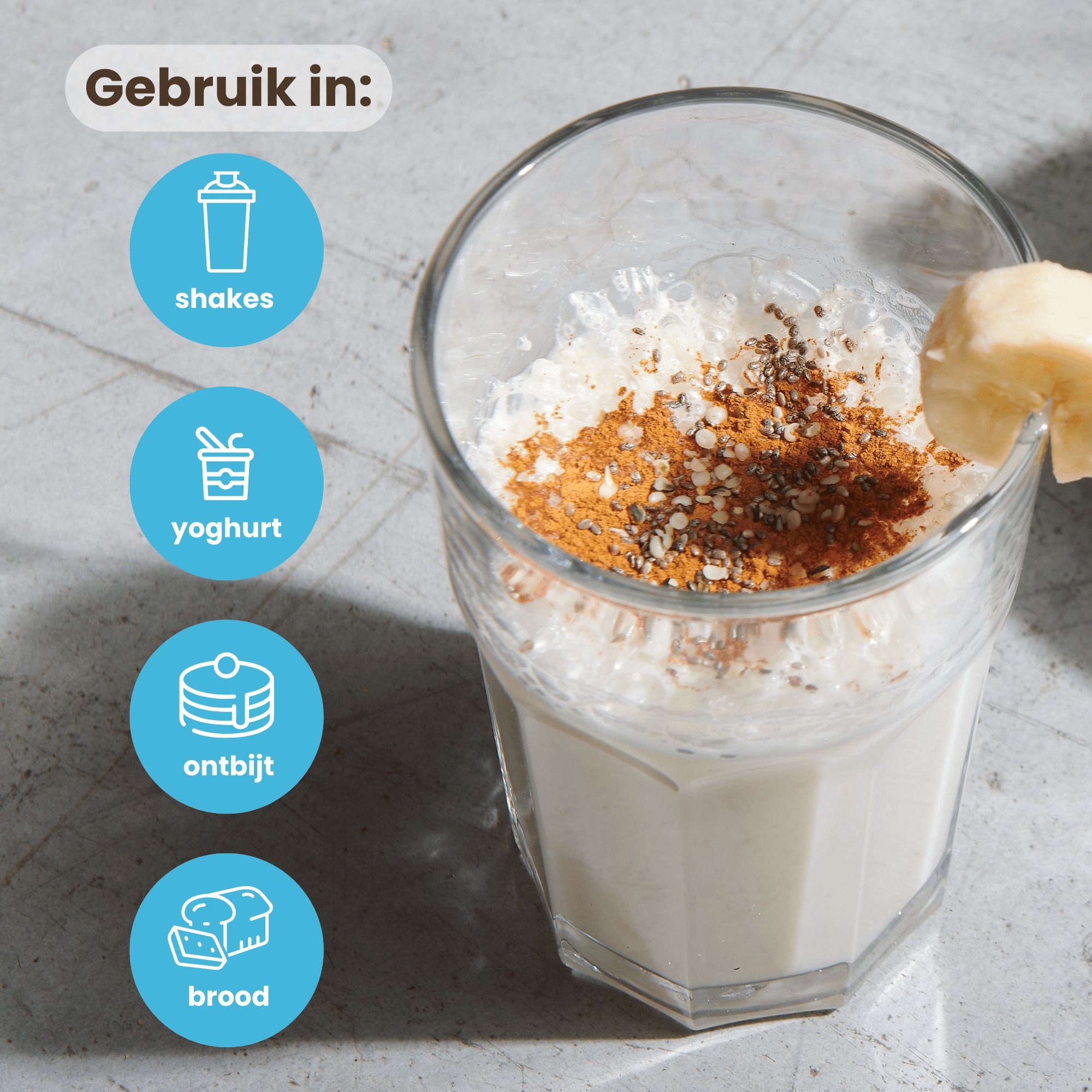 Gebruiksmogelijkheden van Purasana wei-eiwitpoeder in shakes, yoghurt, ontbijt en brood.