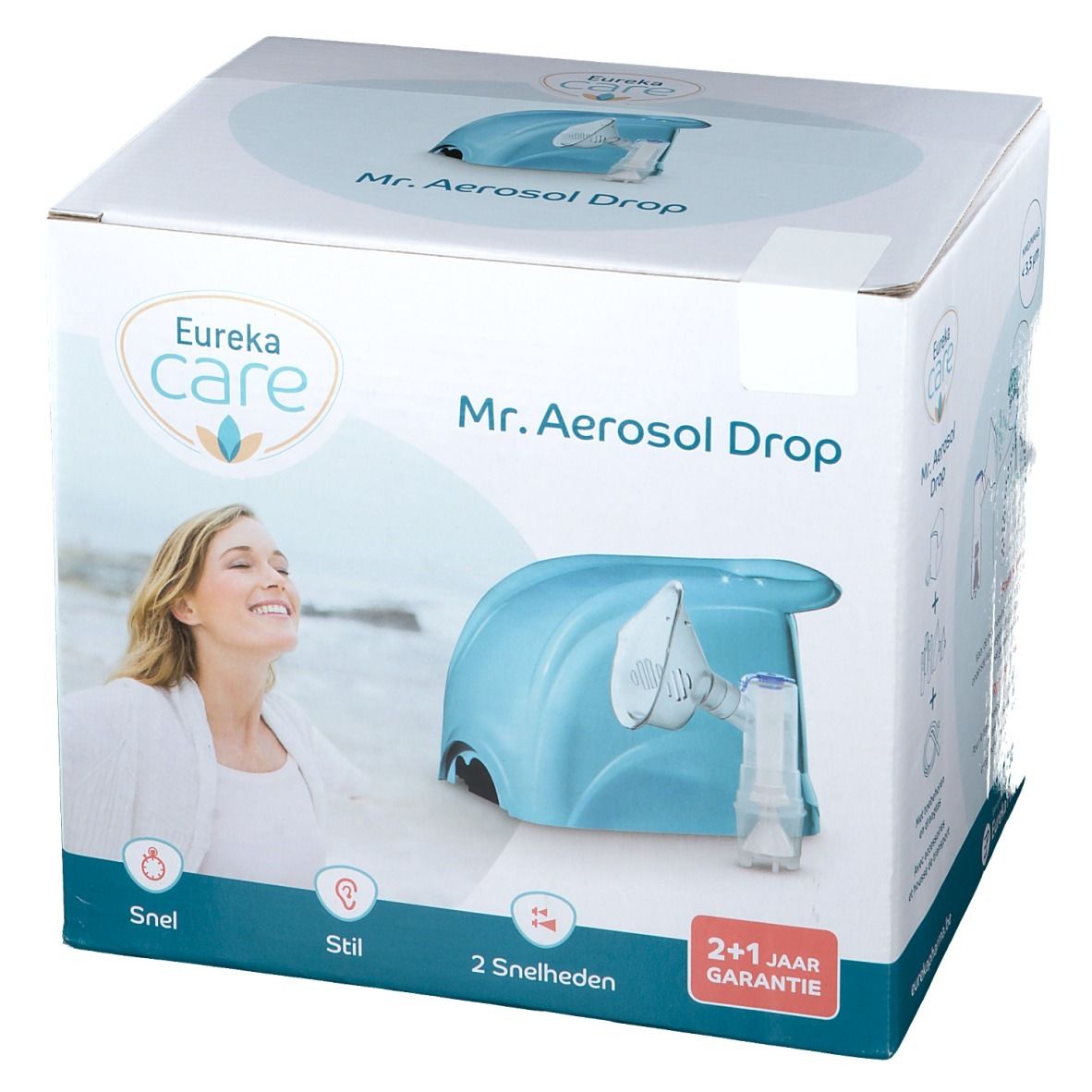 Verpakking Eureka Care Mr. Aerosol Drop. Blauw apparaat, lachende vrouw. Opschriften: 'Snel', 'Stil', '2 snelheden' en '2+1 jaar garantie'.