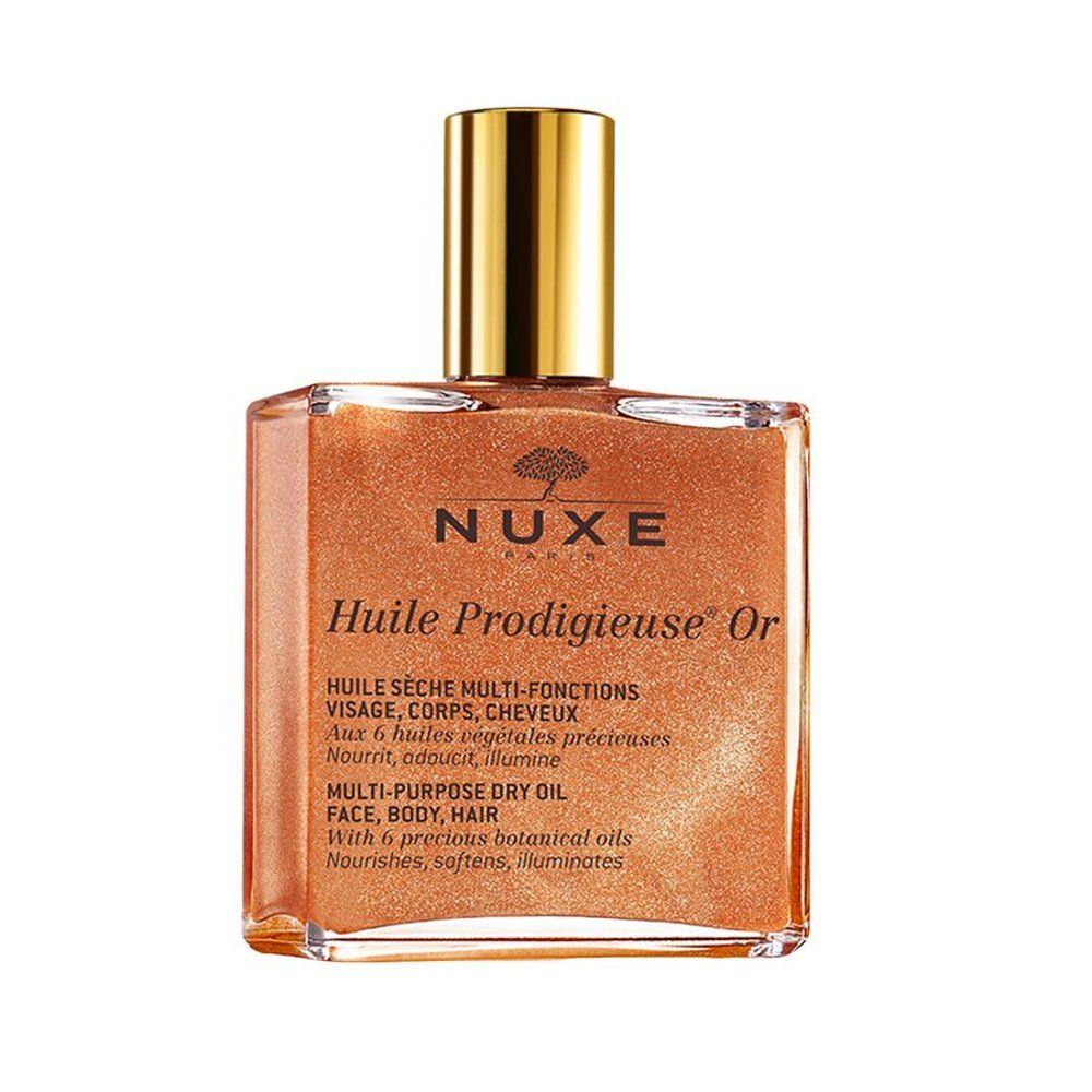 NUXE Huile Prodigieuse Or: Multifunctionele droge olie in een glazen fles met gouden dop.