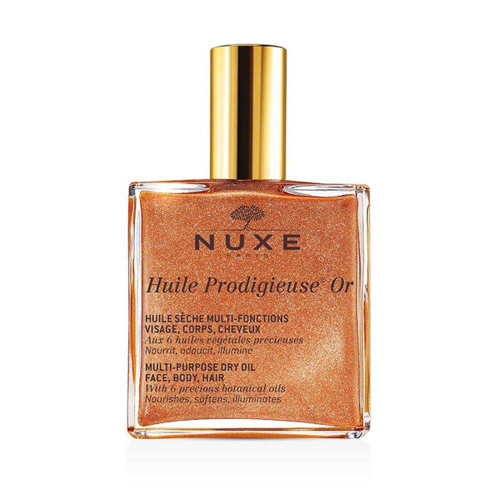 NUXE Huile Prodigieuse Or: gouden multi-purpose droge olie in glazen fles met gouden dop.