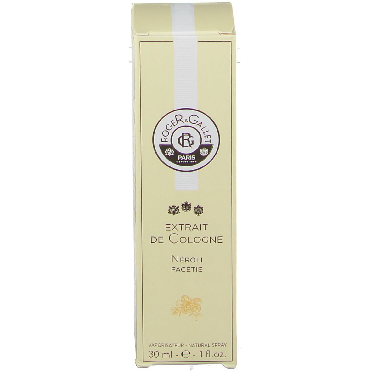 Emballage en carton. Inscription: Extrait de Cologne, Néroli Facétie. Logo et texte. Volume: 30 ml.