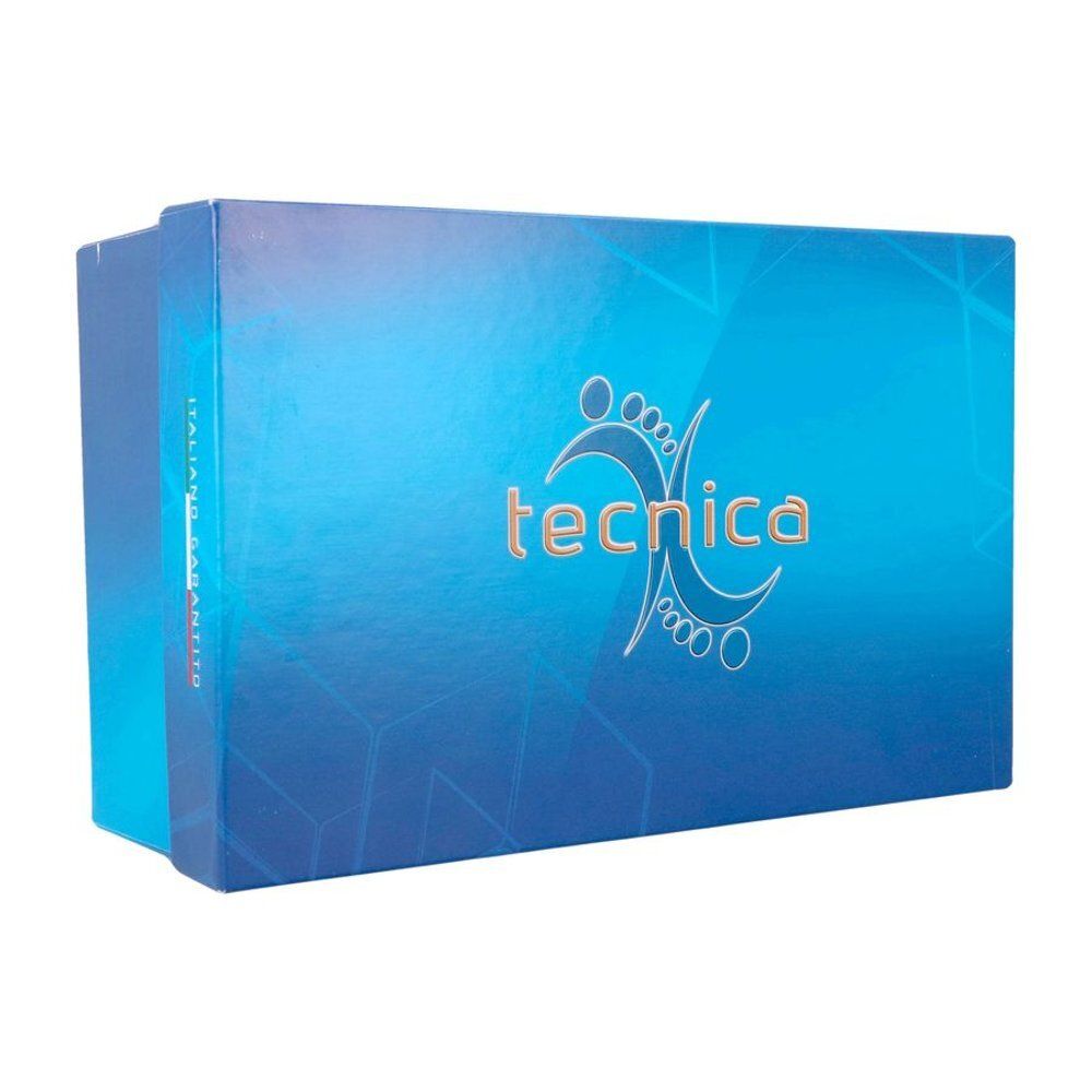 Blauwe doos met Tecnica-logo. Opschrift "ITALIANO GARANTITO".