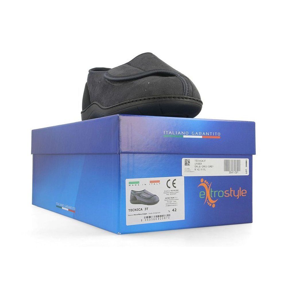 Chaussure grise sur boîte bleue. La boîte indique « Tecnica 3T » et « extrostyle ». Taille 42.