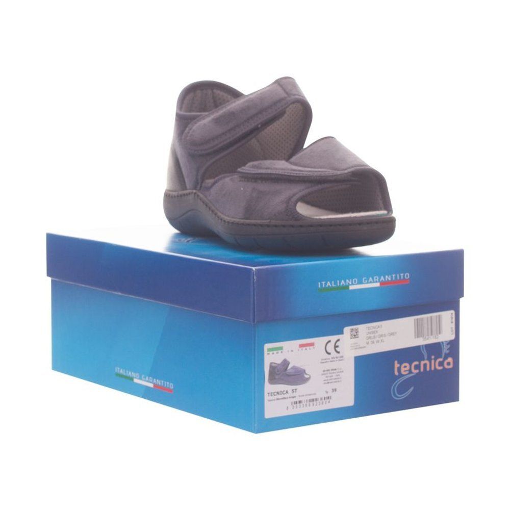 Grijze Bota Tecnica 5 Comfort, maat 39, op blauwe doos. Merk Tecnica. Italiaanse garantie.