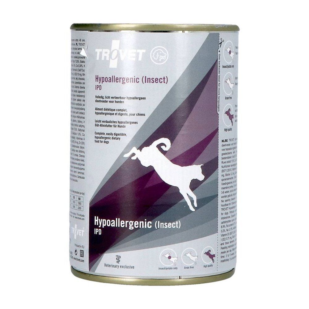 Boîte de nourriture pour animaux avec étiquette. Inscription : TROVET Hypoallergenic (Insect) IPD. Illustration d'un chien sautant.