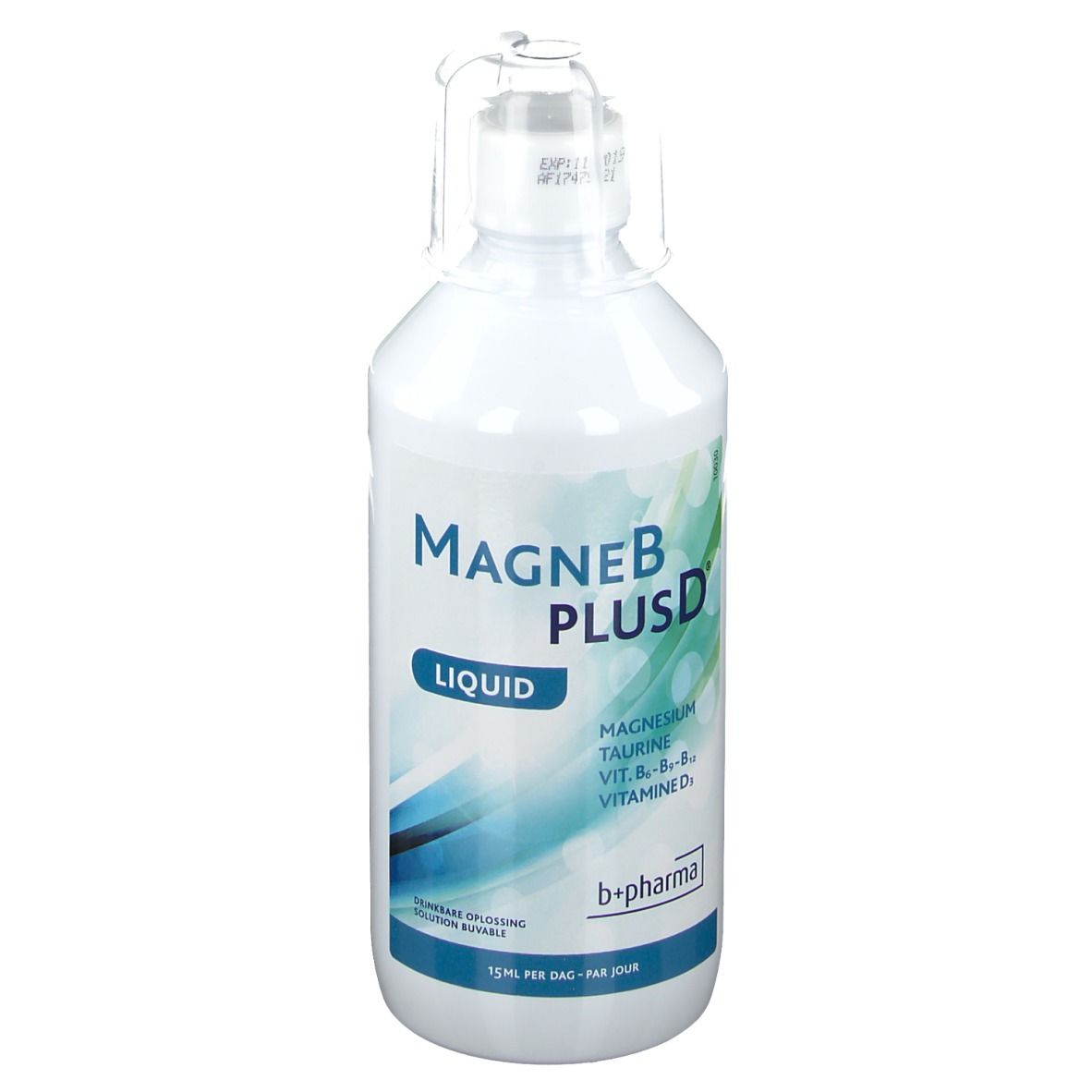 Flacon blanc avec étiquette MAGNEB PLUS D LIQUID. Contient magnésium, taurine, vitamines B6, B12, D. Logo b+pharma.
