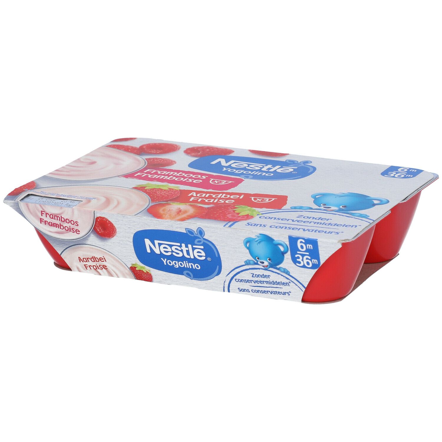 Verpakking van 6 rode bekers Nestlé Yogolino Fresa-Frambuesa. Deksel met aardbei- en frambozenafbeeldingen.