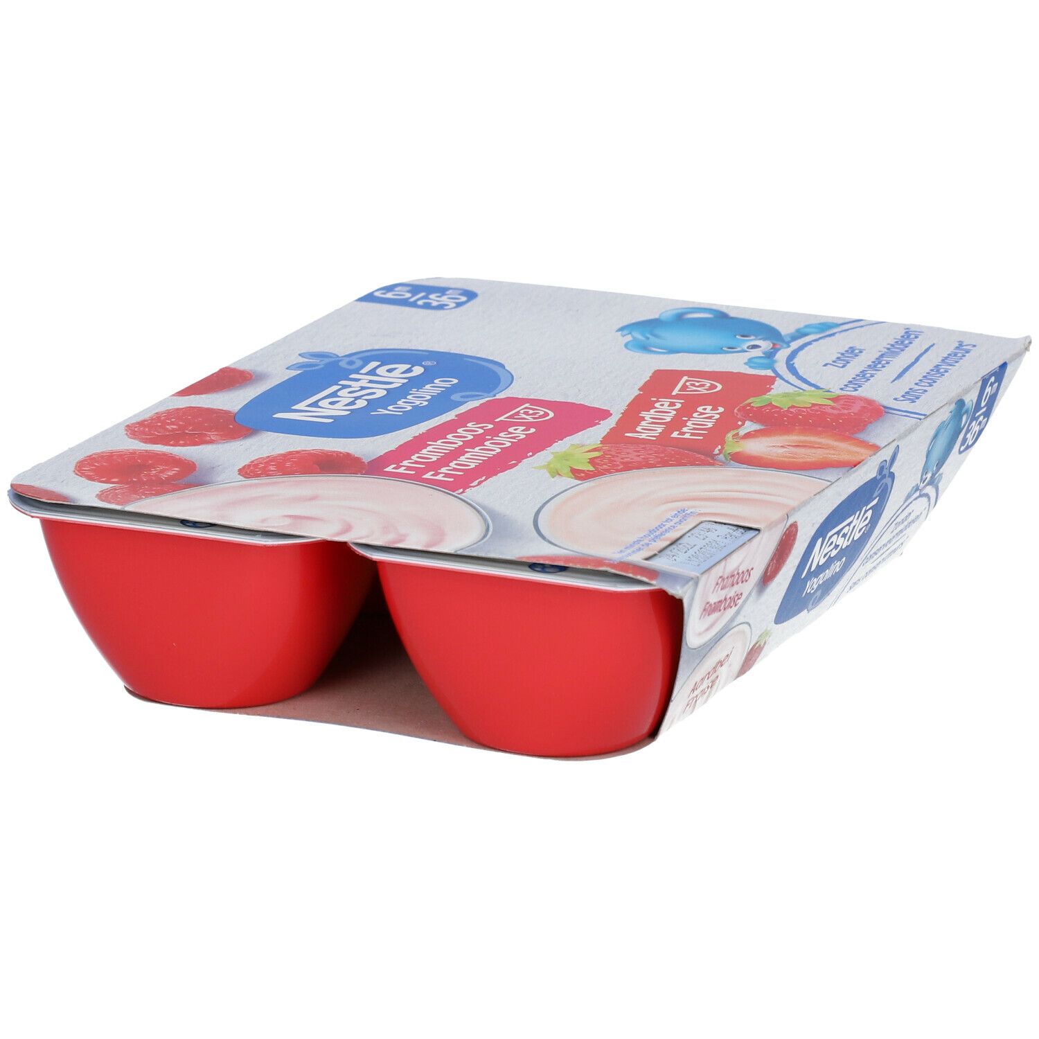 Verpakking van 6 rode bekers Nestlé Yogolino Fresa-Frambuesa. Zijaanzicht, deksel gedeeltelijk zichtbaar.