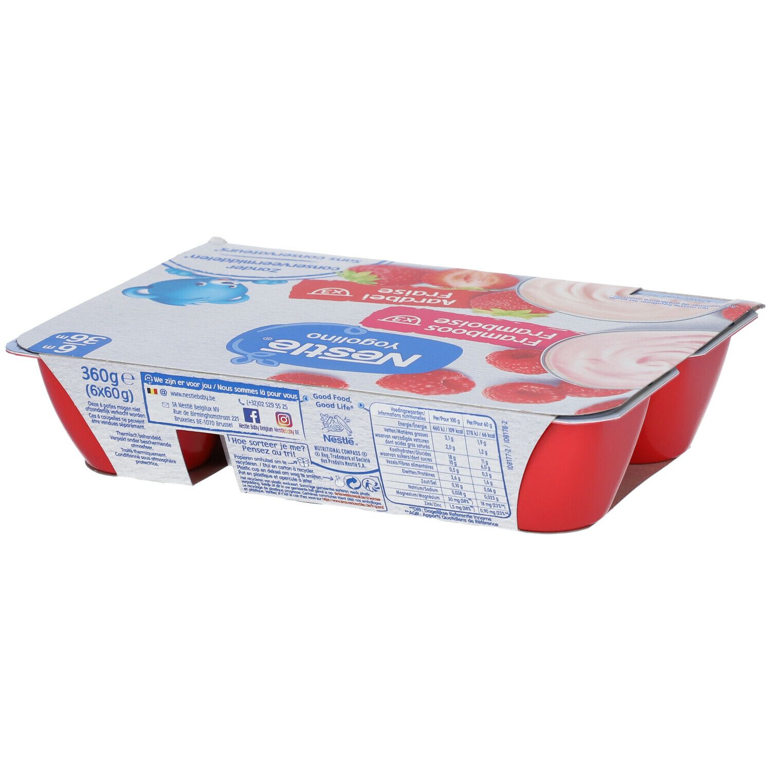 Verpakking van 6 rode bekers Nestlé Yogolino Fresa-Frambuesa. Achterkant met voedingswaarde-informatie en logo.