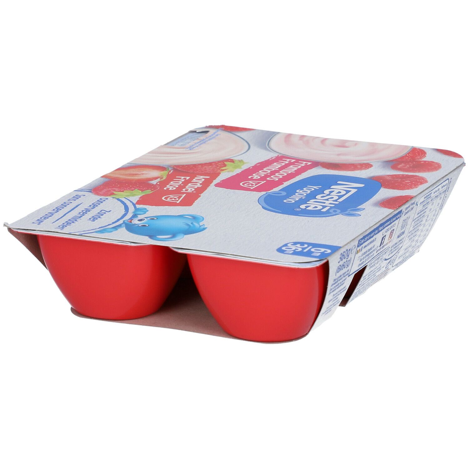 Verpakking van 6 rode bekers Nestlé Yogolino Fresa-Frambuesa. Zijaanzicht, deksel gedeeltelijk zichtbaar.