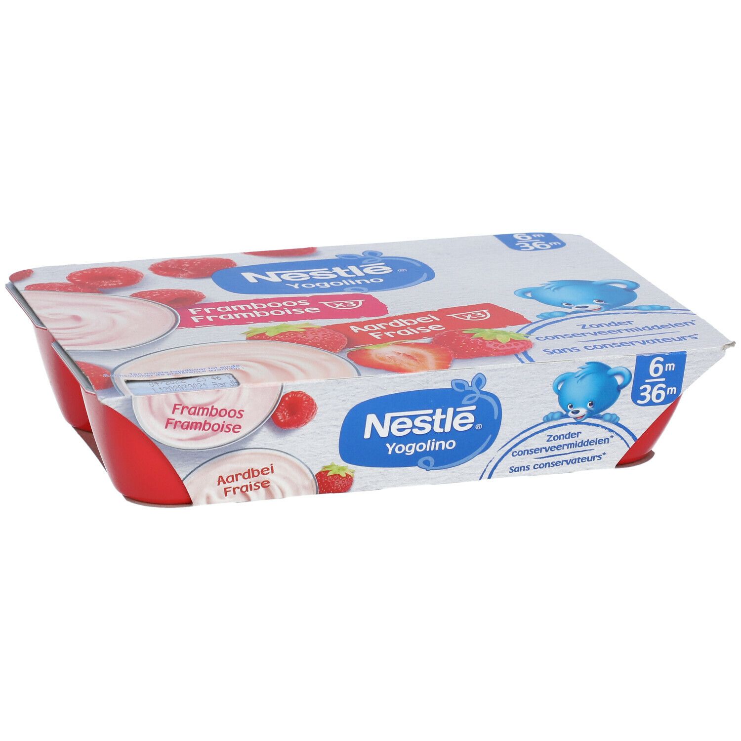 Verpakking van 6 rode bekers Nestlé Yogolino Fresa-Frambuesa. Bovenaanzicht, deksel met productinformatie.