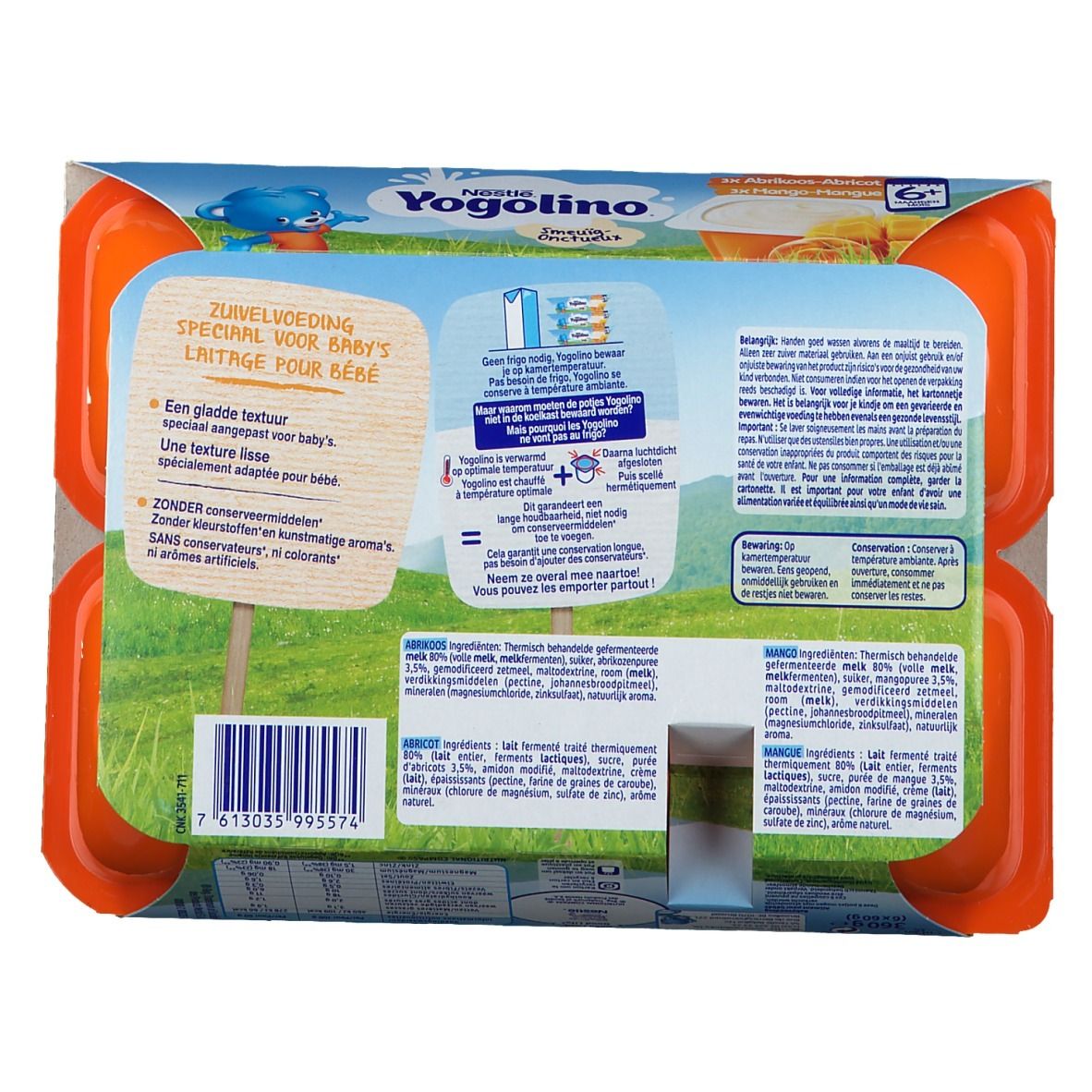 Achterkant Yogolino verpakking. Meertalige tekst, ingrediëntenlijst, voedingswaarde, illustraties.