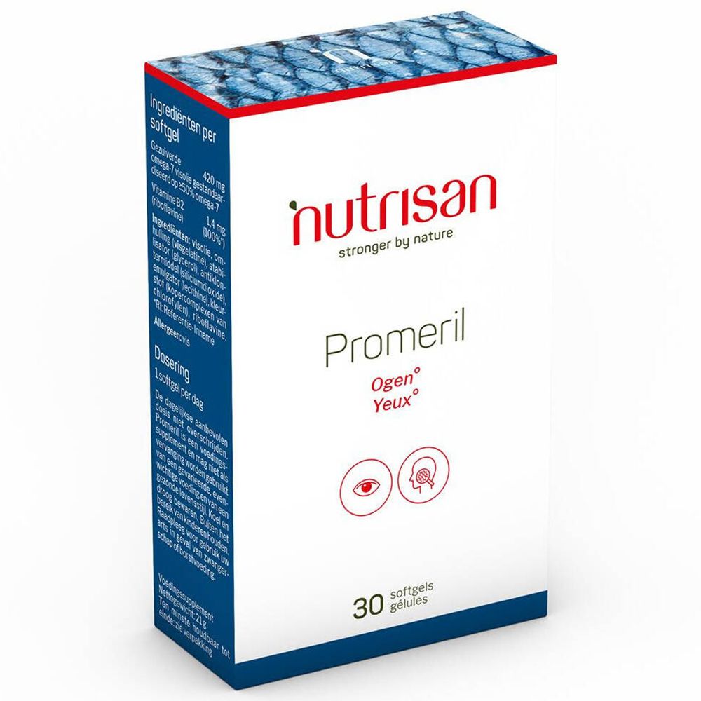 Doos Nutrisan Promeril. Bevat 30 softgels. Opschrift: Ogen/Yeux.