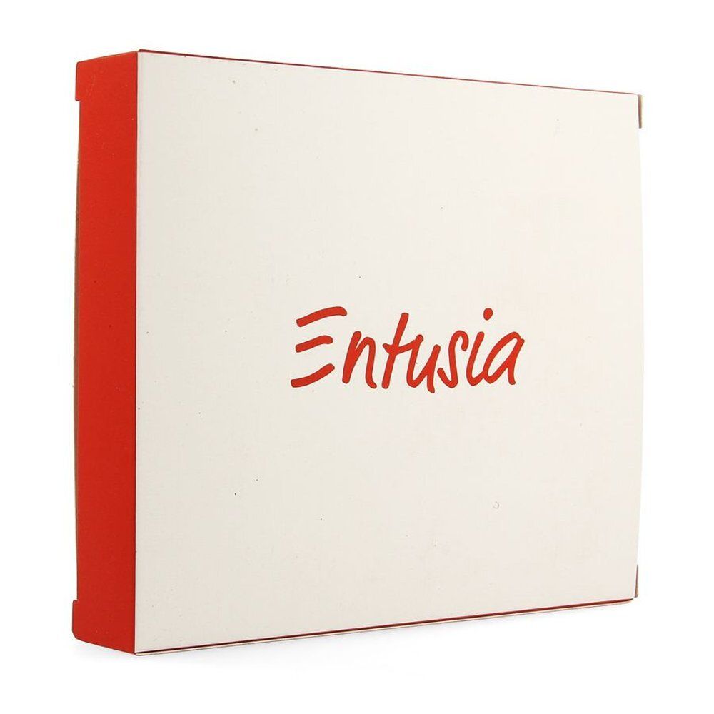 Emballage avec côté rouge et mot "Entusia" en rouge sur fond crème.