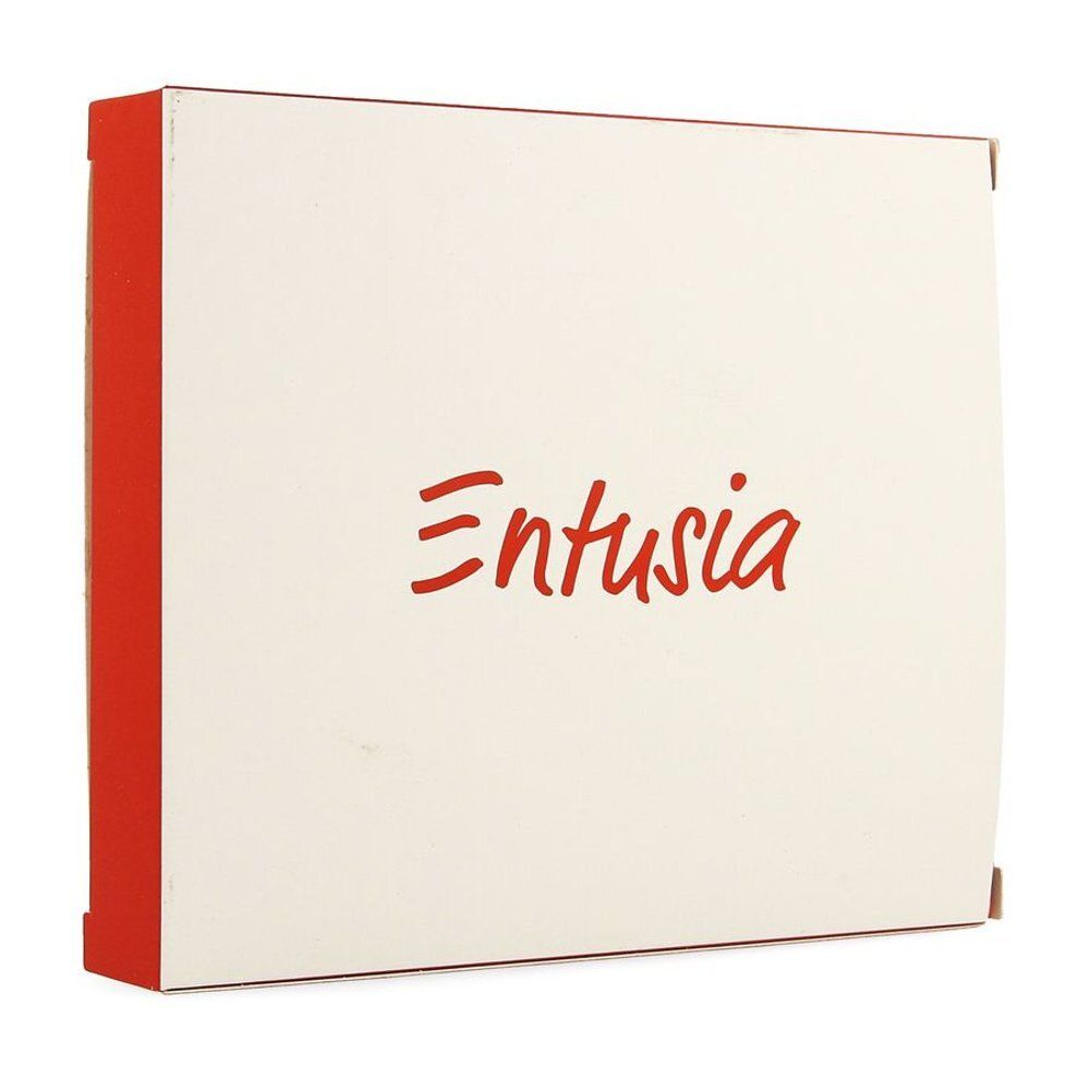 Boîte avec texte rouge "Entusia" sur fond crème. Bord rouge.
