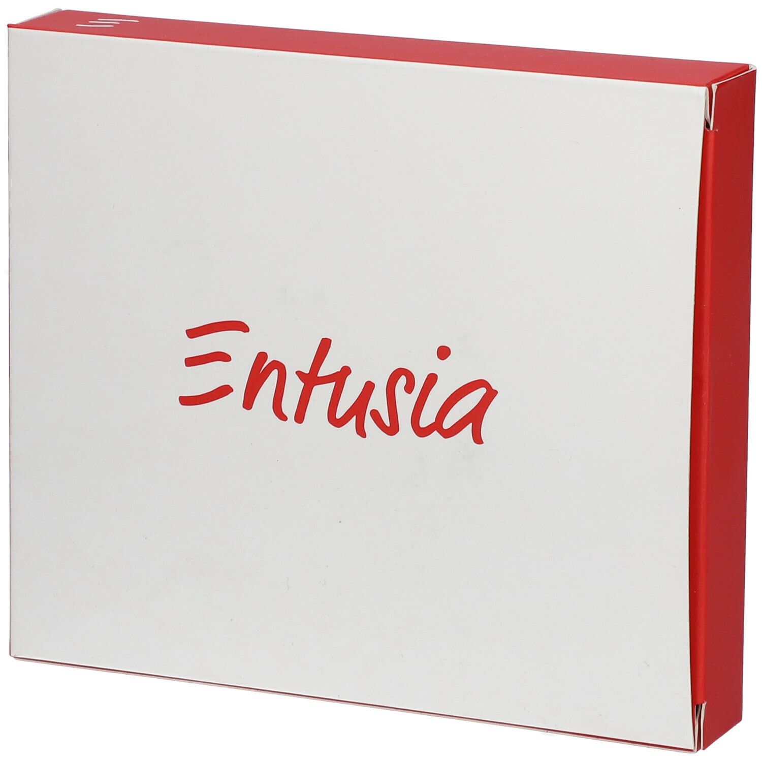 Witte verpakking met rode rand. Rode tekst 'Entusia'.