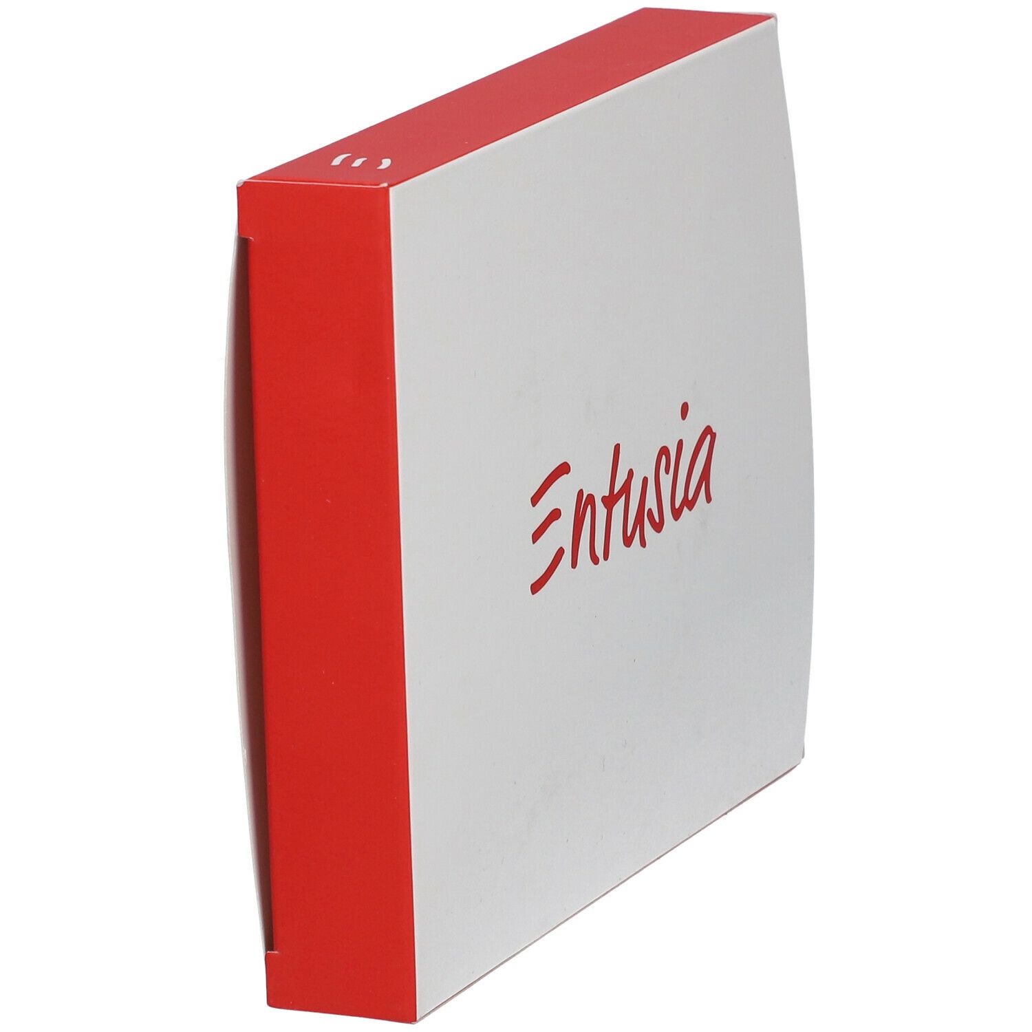 Witte verpakking met rode rand. Rode tekst 'Entusia'.
