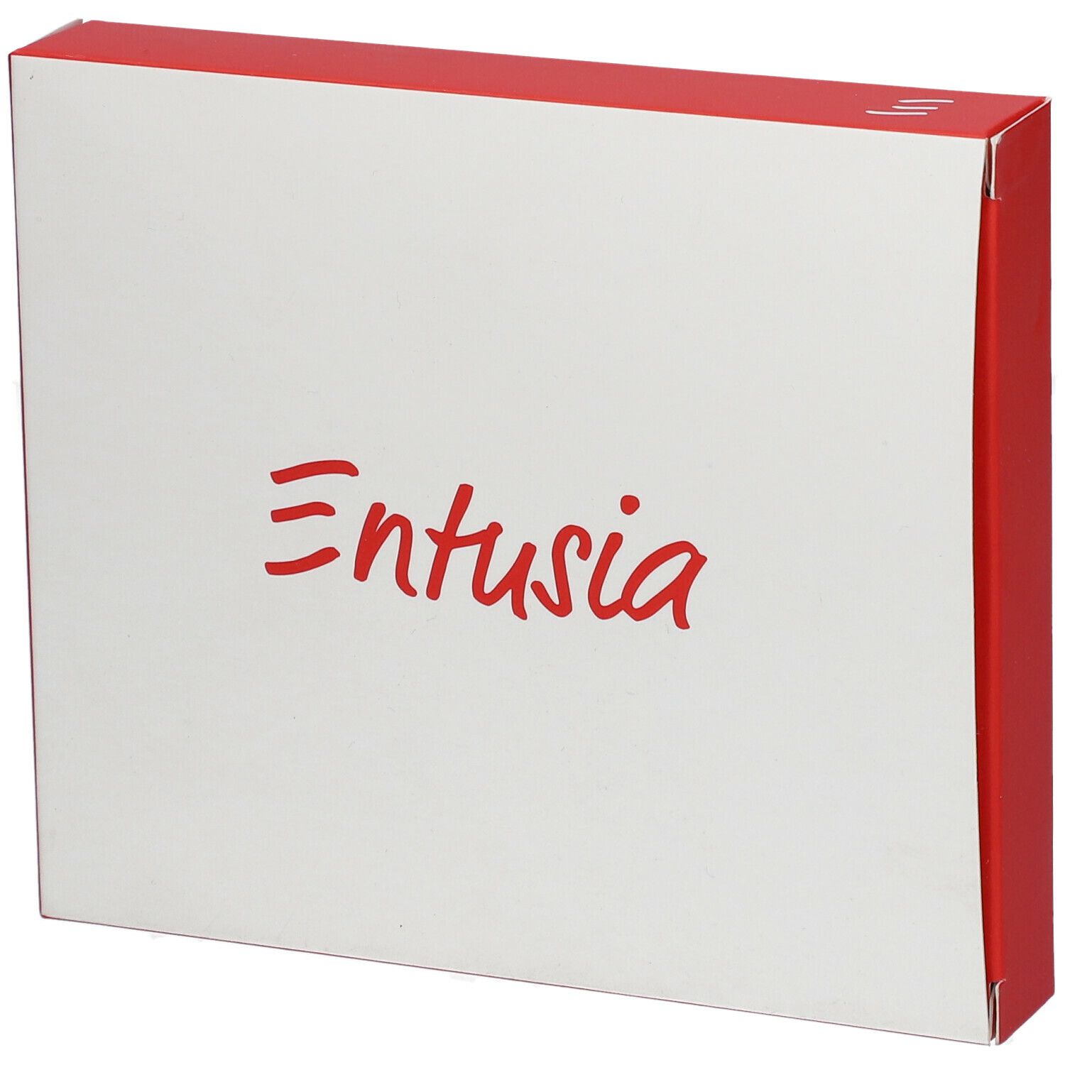 Witte verpakking met rode rand. Rode tekst 'Entusia'.