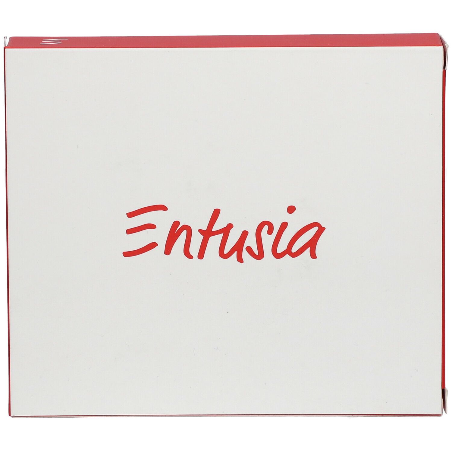 Witte verpakking met rode rand. Rode tekst 'Entusia'.