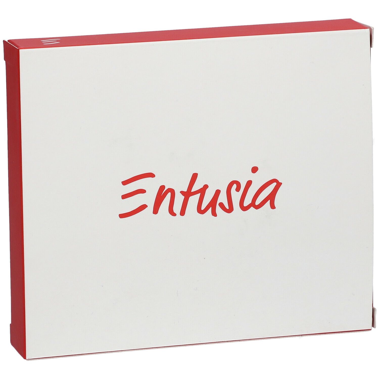 Witte verpakking met rode rand. Rode tekst 'Entusia'.