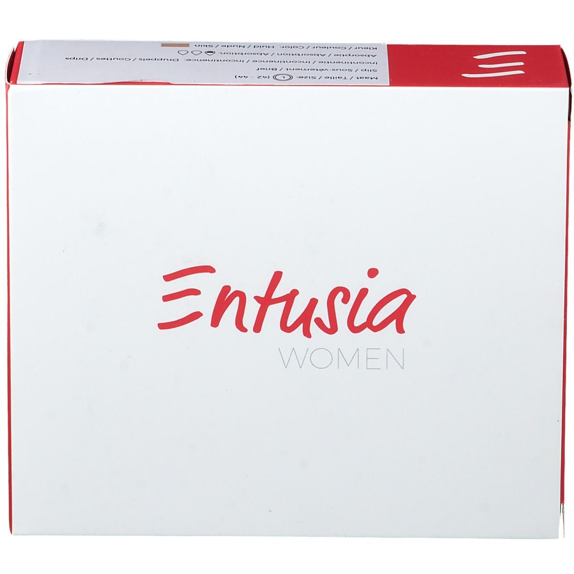 Witte doos met rode deksel. Opschrift "Entusia WOMEN" in rood. Productinformatie op de deksel.