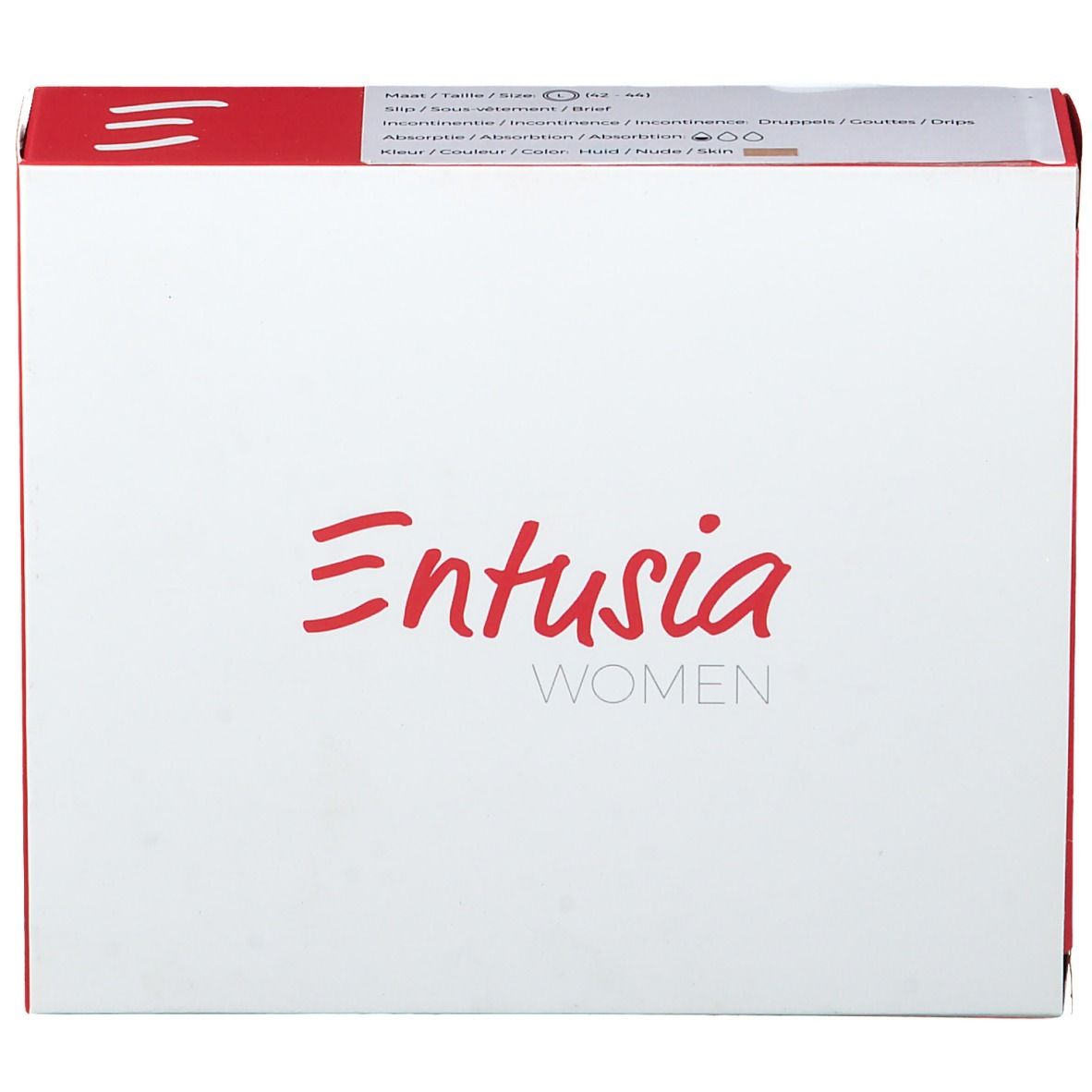 Witte doos met rode deksel. Opschrift "Entusia WOMEN" in rood. Productinformatie op de deksel.