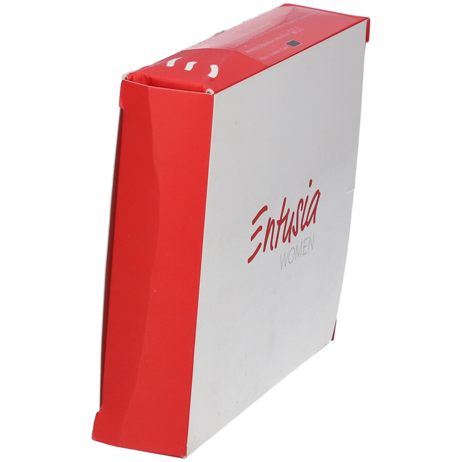 Verpakking met rode en witte kleuren. Op de voorkant staat in rode letters "Entusia WOMEN".