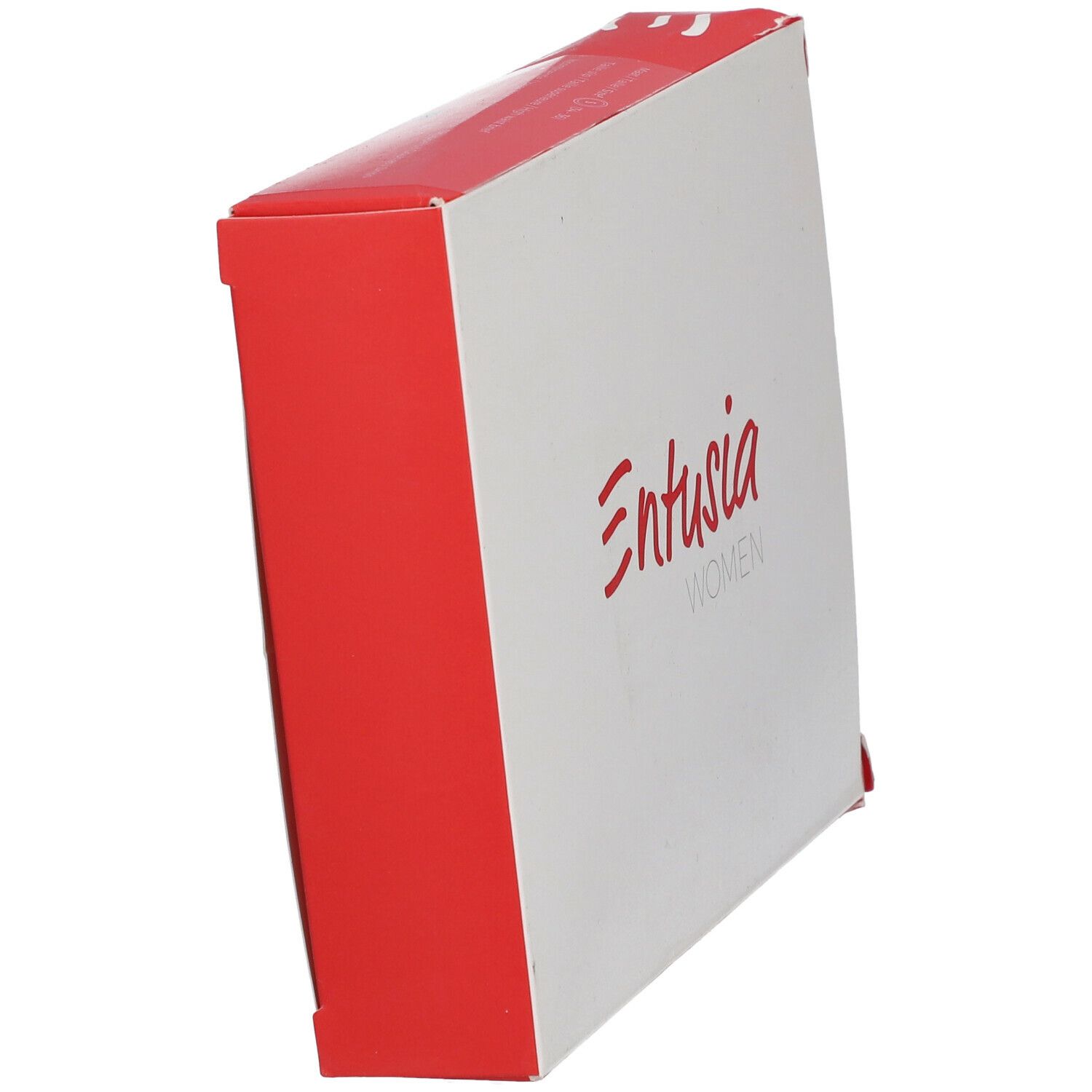 Verpakking met rode en witte kleuren. Op de voorkant staat in rode letters "Entusia WOMEN".