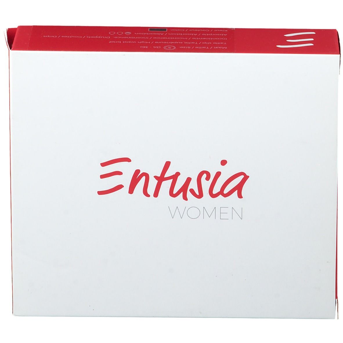 Witte verpakking met rode rand en "Entusia WOMEN" in rood. Vooraanzicht.