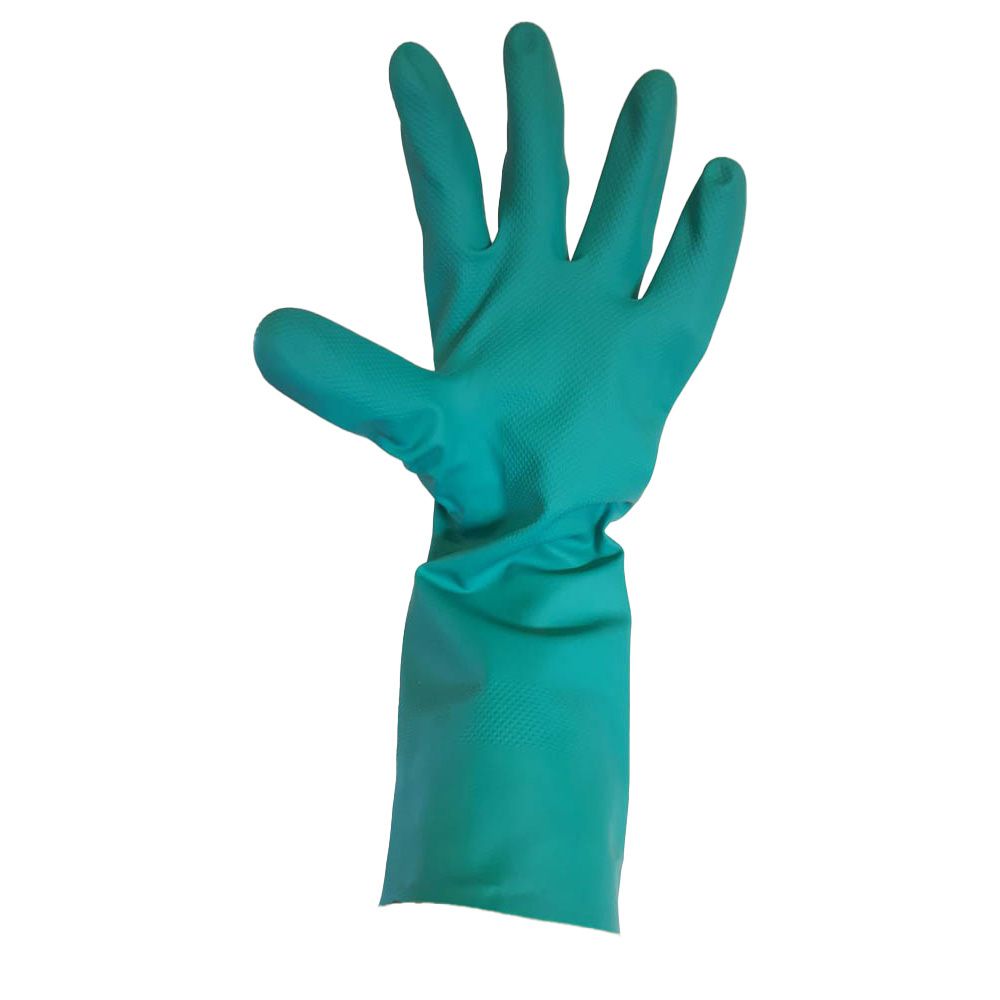 Groene handschoen, nitril. Lange manchet. Enkele handschoen, bovenaanzicht.