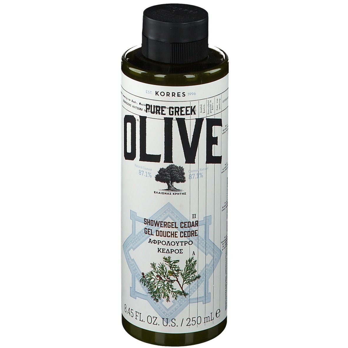 Groene fles met zwarte dop. Opschrift: OLIVE, douchegel, cederhout. Merk KORRES. 8.45 FL. OZ. U.S. / 250 ml.
