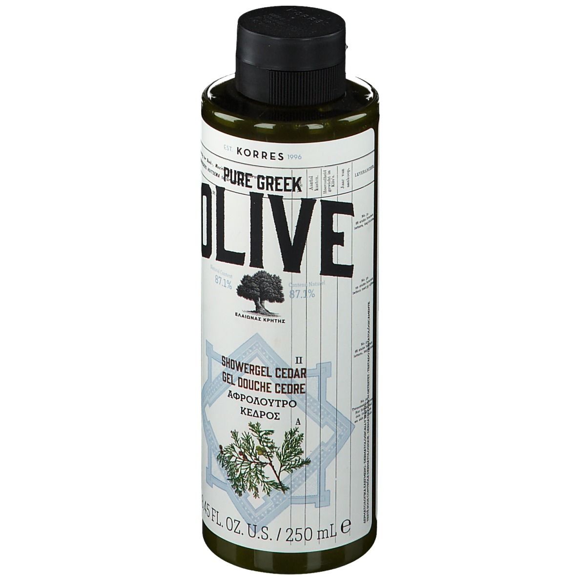 Groene fles met zwarte dop. Opschrift: OLIVE, douchegel, cederhout. Merk KORRES. 8.45 FL. OZ. U.S. / 250 ml.