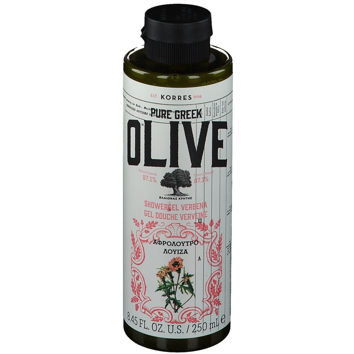 Flacon vert avec bouchon noir. Inscription : OLIVE, KORRES, Showergel Verveine. 8.45 fl. oz. U.S./250 ml.