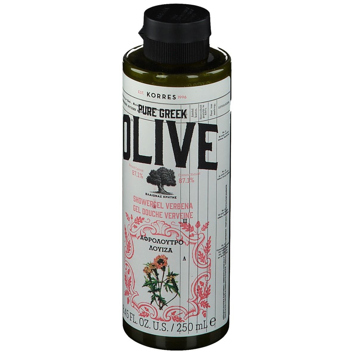 Flacon vert avec bouchon noir. Inscription : OLIVE, KORRES, Showergel Verveine. 8.45 fl. oz. U.S./250 ml.