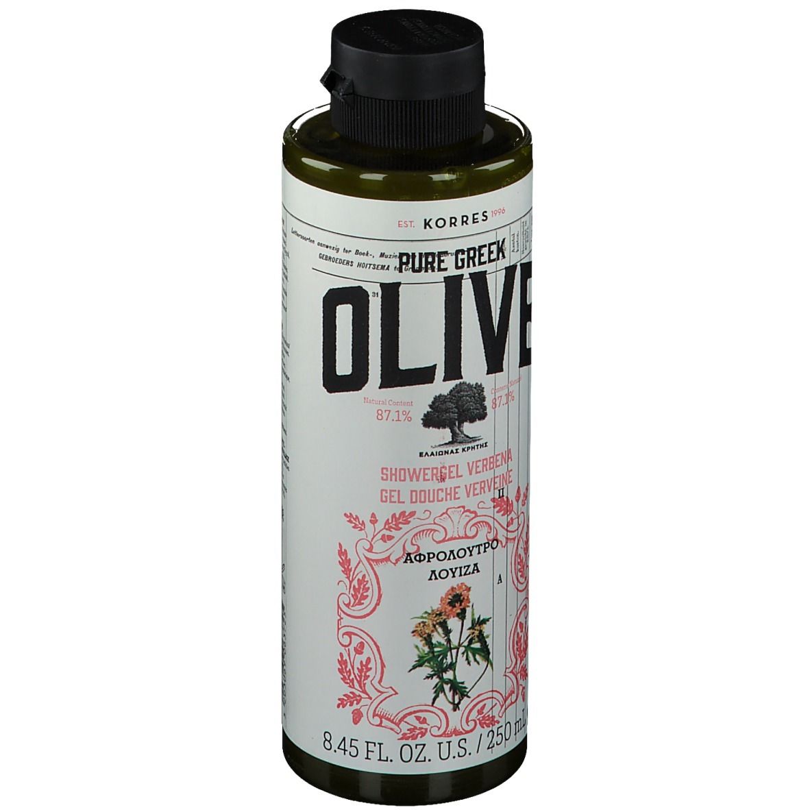 Flacon vert avec bouchon noir. Inscription : OLIVE, KORRES, Showergel Verveine. 8.45 fl. oz. U.S./250 ml.