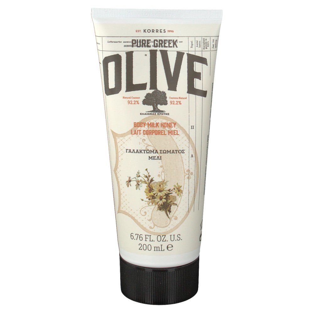 Crèmetube met tekst OLIVE en BODY MILK HONEY. Zwarte dop. 6.76 FL. OZ. U.S. 200 ml.