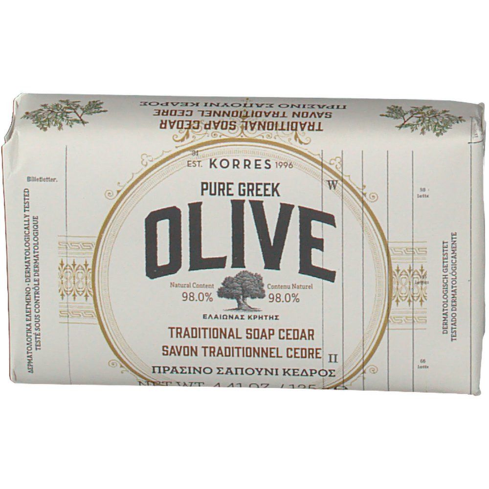 Emballage de savon. Inscription: KORRES, OLIVE, savon traditionnel cèdre. Ingrédients naturels à 98%.