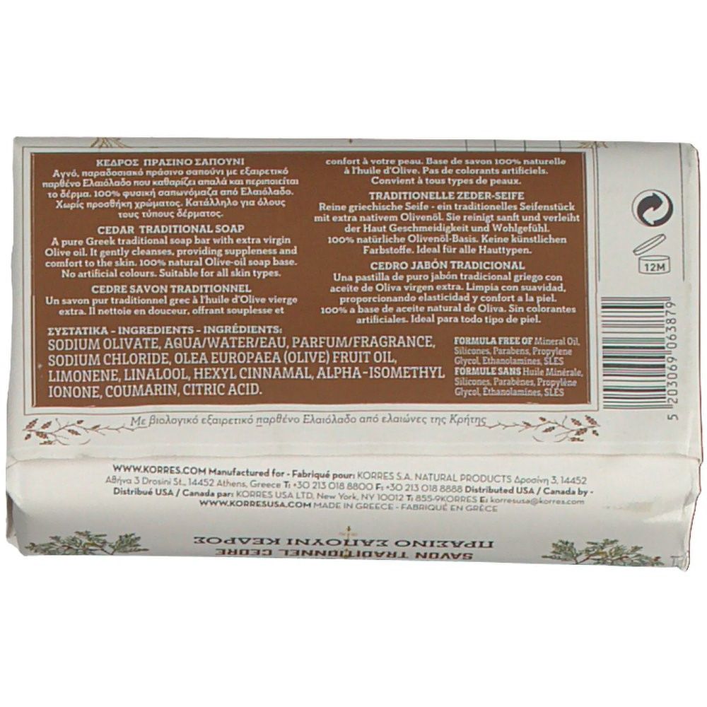 Dos de l'emballage de savon. Texte: ingrédients, savon cèdre, base d'huile d'olive 100% naturelle. Symbole 12M.