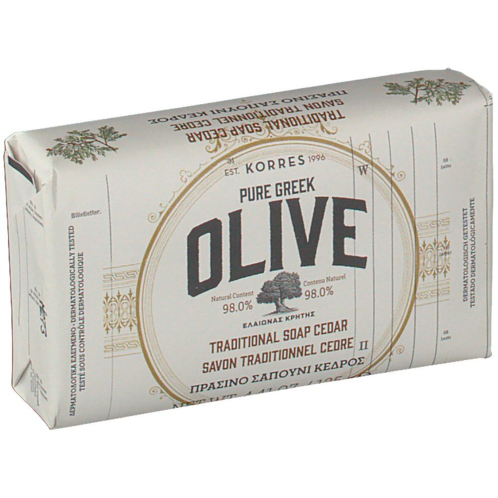 Emballage de savon. Inscription: KORRES, OLIVE, savon traditionnel cèdre. Ingrédients naturels à 98%.