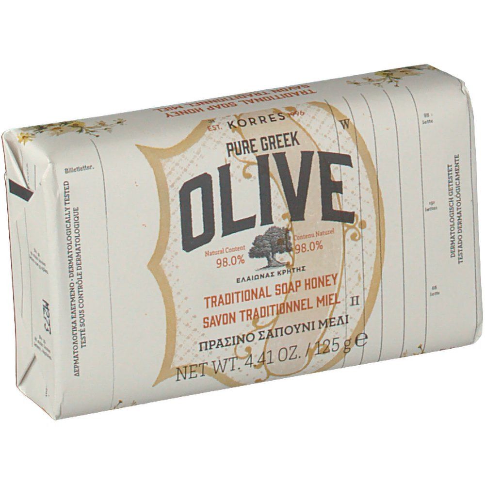 Savon emballé. Inscription OLIVE, marque Korres. Texte multilingue. Poids net 4.41 oz / 125 g.