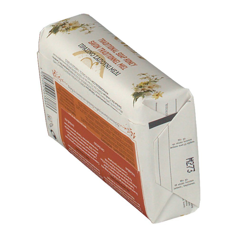 Emballage de savon incliné. Dos avec texte multilingue. Code et date de péremption.