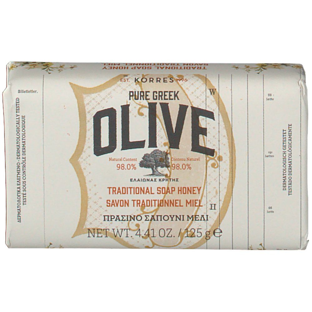 Savon emballé. Inscription OLIVE, marque Korres. Texte multilingue. Poids net 4.41 oz / 125 g.