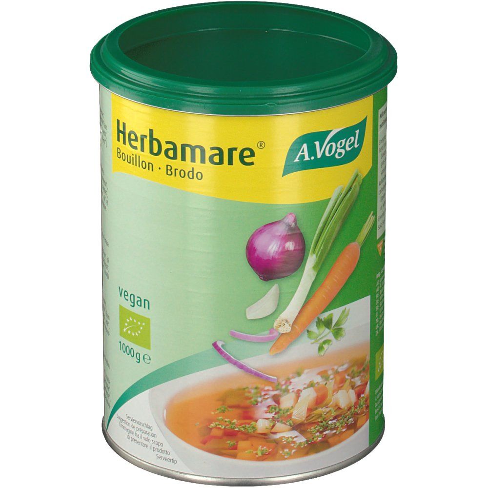 Blik Herbamare Bouillon. Groen-witte verpakking met groente-illustratie. Vegan, 1000g.