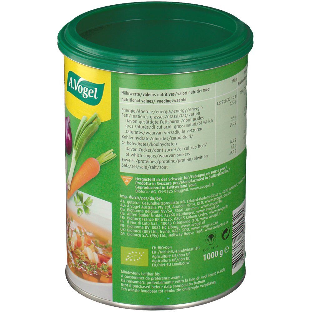 Achterkant van de Herbamare Bouillon-verpakking. Bevat voedingsinformatie en ingrediëntenlijst. 1000g.